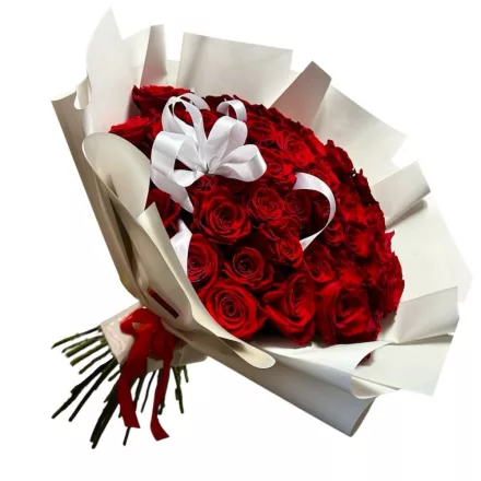 50 szál vörös rózsa csokor fehér díszpapírban, szalaggal