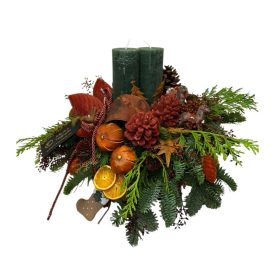   Adventi asztaldísz fa tálban - elő fenyővel, termésekkel