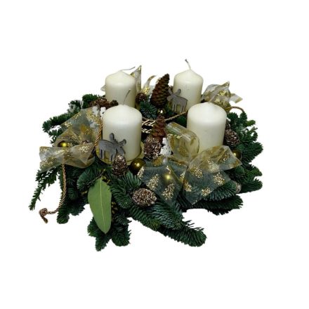 Adventi koszorú fenyő alapon - fehér-arany