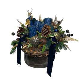 Adventi tál kerámia kaspóban rénszarvassal - kék