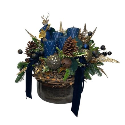 Adventi tál kerámia kaspóban rénszarvassal - kék