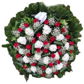   Álló koszorú, 1 m átmérőjű, vörös rózsával, fehér krizanthemmel, rezgővel