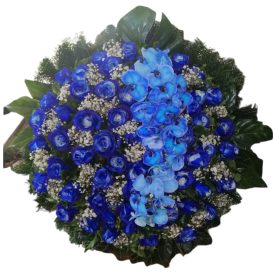   Állókoszorú kék rózsával, kék orchideaval, extra levelekkel