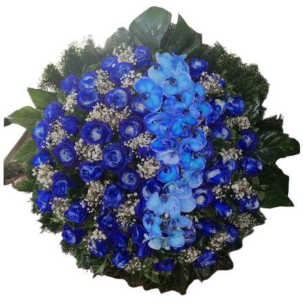Állókoszorú kék rózsával, kék orchideaval, extra levelekkel
