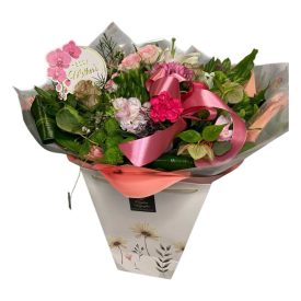   Anyák napi táskacsokor, rózsaszín - fehér vegyes virágokkal