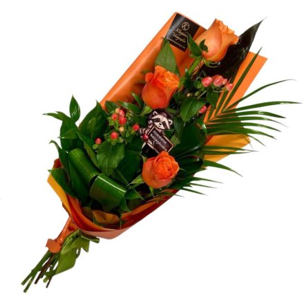 Ballagási csokor 3 szál rózsából betűzővel – választható színekben