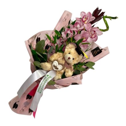 Ballagási csokor cimbidiummal és macival