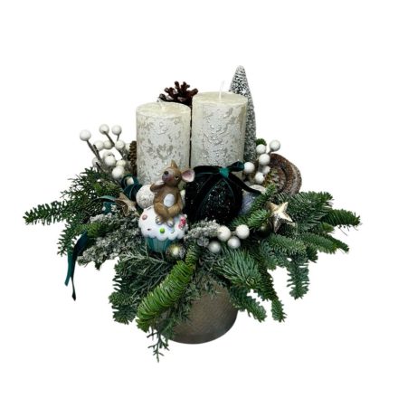 Ezüst adventi asztaldísz, egérkével