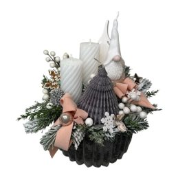   Ezüst-fehér adventi asztaldísz plüss boxban, manó gyertyával