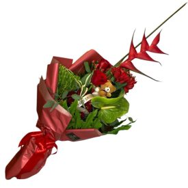   Helikóniás ballagási csokor, macis betűzővel - piros-zöld