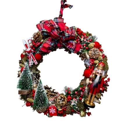 Karácsonyi kopogtató toboz alapon diótörővel, világítással