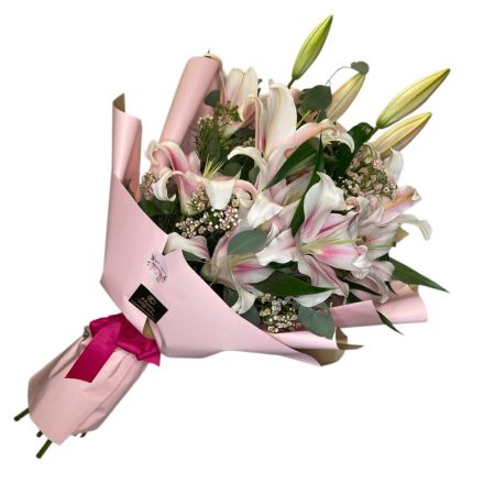Liliom csokor 3 szálas, anyák napi matricával - rózsaszín