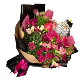 Pink - fekete ballagási csokor bagollyal