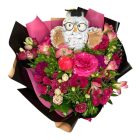 Pink - fekete ballagási csokor bagollyal