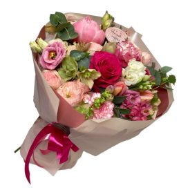 Pink–rózsaszín anyák napi vegyes csokor betűzővel