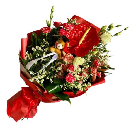 Piros flamingós ballagási csokor macis betűzővel