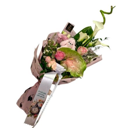 Rózsaszín ballagási csokor flamingóval és kutyussal