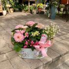 Rózsaszín összeültetés bádogkaspóban hortenziával