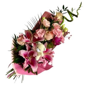 Rózsaszín ballagási csokor plüss macival