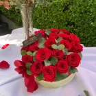 Vörös rózsa box eukaliptusszal 20 szál