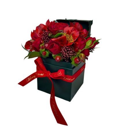 Zöld karácsonyi kockabox, prios virágokkal